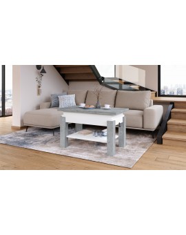 BRAVO beton / wit – uitschuifbare en in hoogte verstelbare salontafel, tafel met plank