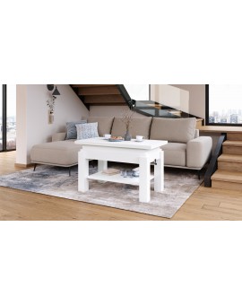 BRAVO wit – uitschuifbare en in hoogte verstelbare salontafel, tafel met plank