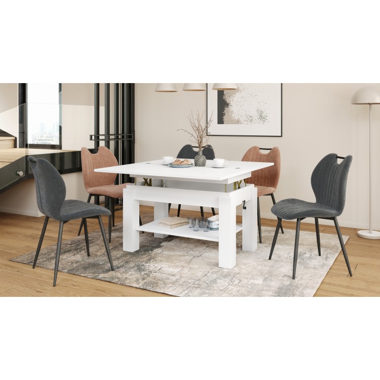 BRAVO wit – uitschuifbare en in hoogte verstelbare salontafel, tafel met plank
