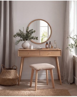 MILO Beige (Storm 06 fabric)/oak-coloured base - SQUARE UPHOLSTERED STOOL FOR KITCHEN/LIVING ROOM