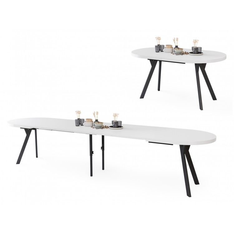 EXPANSO Wit mat / zwarte poten - OVALE UITSCHUIFTAFEL 160-360 cm VOOR 16-18 PERSONEN