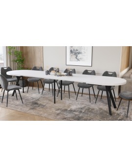 EXPANSO Wit mat / zwarte poten - OVALE UITSCHUIFTAFEL 160-360 cm VOOR 16-18 PERSONEN