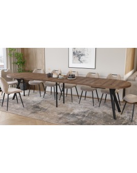 EXPANSO Hnědý dub / černé nohy - OVÁLNÝ ROZKLÁDACÍ STŮL 160-360 cm PRO 16-18 OSOB
