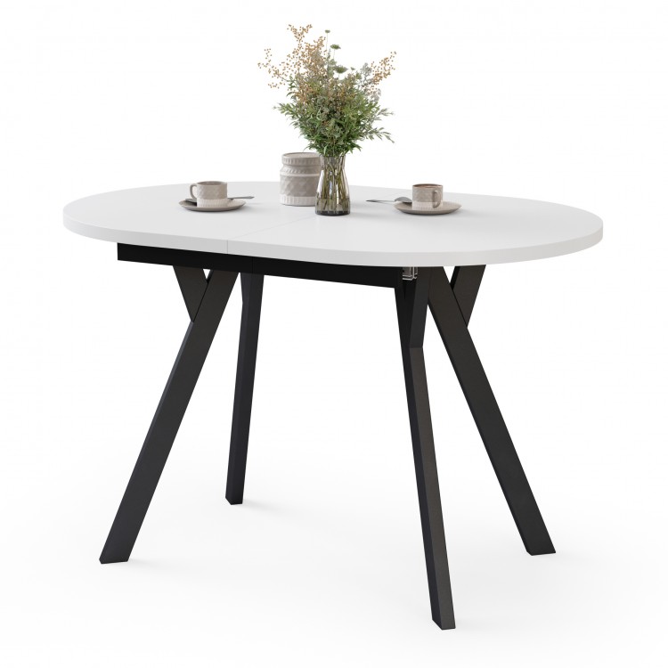 ALMO Wit mat / zwarte poten - OVALE UITSCHUIFTAFEL 120-220 cm VOOR 10-12 PERSONEN