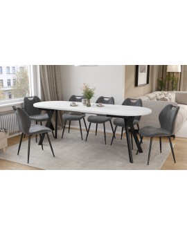 ALMO Wit mat / zwarte poten - OVALE UITSCHUIFTAFEL 140-240 cm VOOR 10-12 PERSONEN