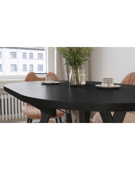 ALMO Zwart mat / zwarte poten - OVALE UITSCHUIFTAFEL 120-220 cm VOOR 10-12 PERSONEN