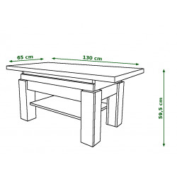 BRAVO  wit, salontafel met plank, OPKLAPBAAR VERHOOGD