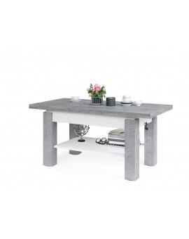 BRAVO beton / wit - salontafel met plank, OPKLAPBAAR VERHOOGD