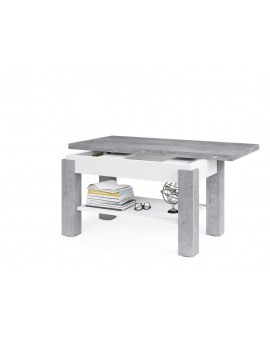 BRAVO beton / wit - salontafel met plank, OPKLAPBAAR VERHOOGD