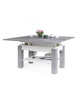 BRAVO beton / wit - salontafel met plank, OPKLAPBAAR VERHOOGD