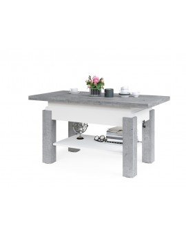 BRAVO beton / wit - salontafel met plank, OPKLAPBAAR VERHOOGD