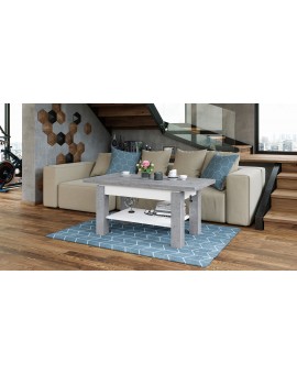 BRAVO beton / wit - salontafel met plank, OPKLAPBAAR VERHOOGD