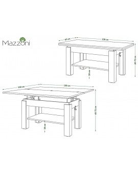 BRAVO beton / wit - salontafel met plank, OPKLAPBAAR VERHOOGD