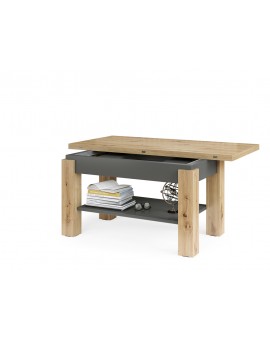 BRAVO  artisan eiken / antraciet - salontafel met plank, OPKLAPBAAR VERHOOGD