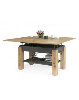 BRAVO  artisan eiken / antraciet - salontafel met plank, OPKLAPBAAR VERHOOGD