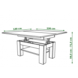 BRAVO  bruin eiken / zwart - salontafel met plank, OPKLAPBAAR VERHOOGD