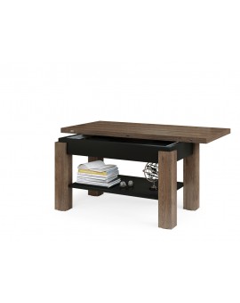 BRAVO  bruin eiken / zwart - salontafel met plank, OPKLAPBAAR VERHOOGD