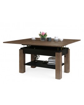 BRAVO  bruin eiken / zwart - salontafel met plank, OPKLAPBAAR VERHOOGD