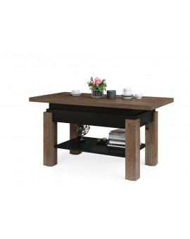 BRAVO  bruin eiken / zwart - salontafel met plank, OPKLAPBAAR VERHOOGD