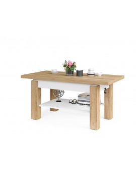 BRAVO  gouden eik / wit - salontafel met plank, OPKLAPBAAR VERHOOGD