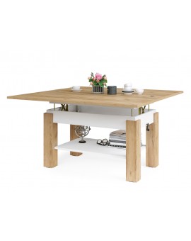 BRAVO  gouden eik / wit - salontafel met plank, OPKLAPBAAR VERHOOGD