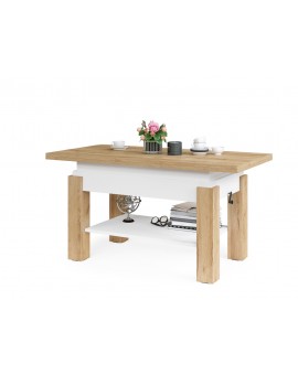 BRAVO  gouden eik / wit - salontafel met plank, OPKLAPBAAR VERHOOGD