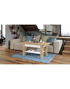 BRAVO  gouden eik / wit - salontafel met plank, OPKLAPBAAR VERHOOGD