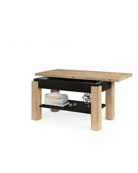 BRAVO  gouden eik "/ zwart - salontafel met plank, OPKLAPBAAR VERHOOGD