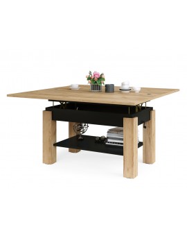 BRAVO  gouden eik "/ zwart - salontafel met plank, OPKLAPBAAR VERHOOGD