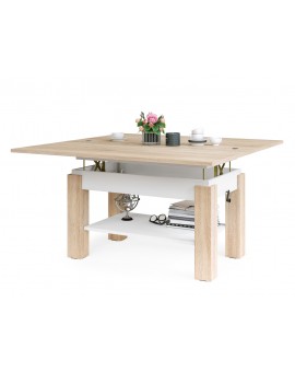 BRAVO  sonoma eiken / wit - salontafel met plank, OPKLAPBAAR VERHOOGD