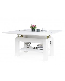 BRAVO  wit, salontafel met plank, OPKLAPBAAR VERHOOGD