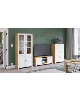 Vitrinekast PROVENZA KWD4 Eiken Steen/Wit Mat - RETRO ONDERKAST, 4-DEURS LADEKAST