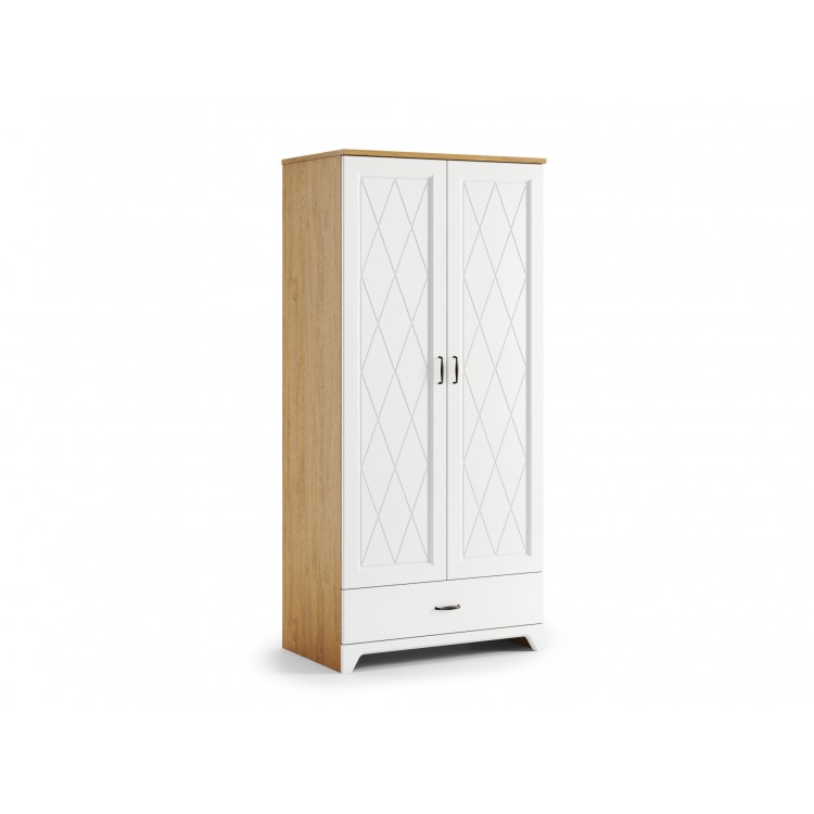 Kast PROVENZA SZD2SZ1 Eiken Steen/Wit Mat - RETRO 2-DEURS KLEERKAST MET LADE, LEGPLANK EN KLEDINGSTANG Kast PROVENZA SZD2SZ1 Eiken Steen/Wit Mat - RETRO 2-DEURS KLEERKAST MET LADE, LEGPLANK EN KLEDINGSTANG