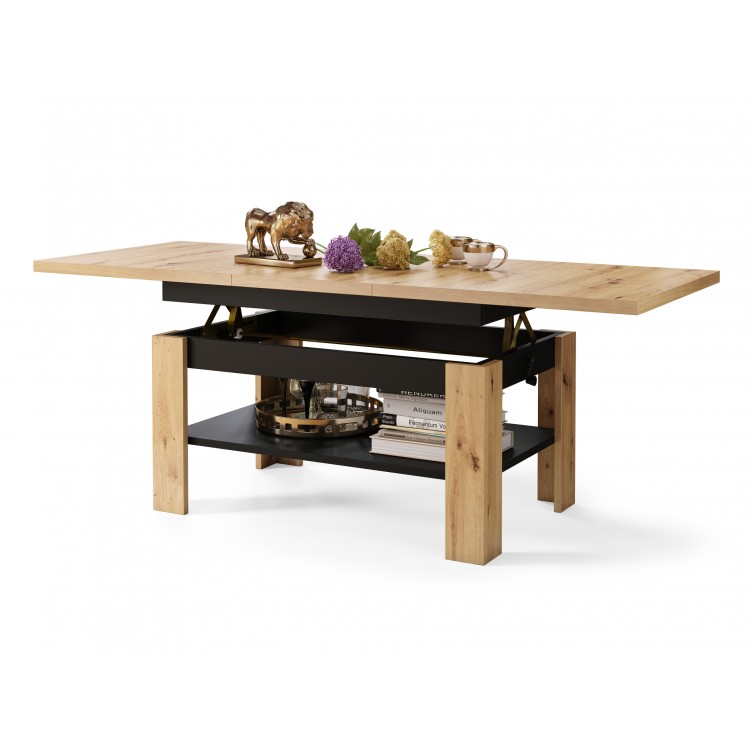 RIO Artisan Eik/Zwart Mat - KOFFIETAFEL, UITSCHUIFBAAR MET HEFFUNCTIE VOOR HET BLAD