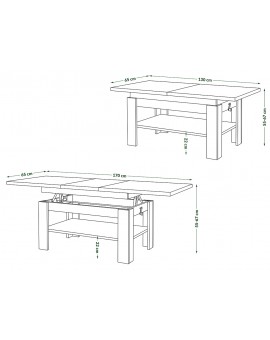 RIO Sonoma Eik/Zart Mat - KOFFIETAFEL, UITSCHUIFBAAR MET HEFFUNCTIE VOOR HET BLAD