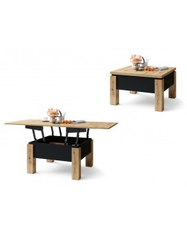 OSLO eiken artisan / zwart mat, uitklapbare salontafel met in hoogte verstelbaar  blad