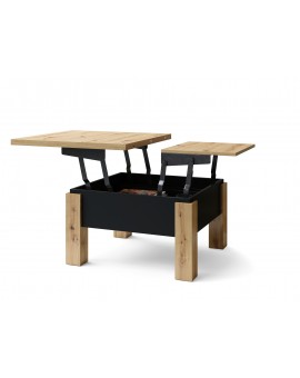 OSLO eiken artisan / zwart mat, uitklapbare salontafel met in hoogte verstelbaar  blad
