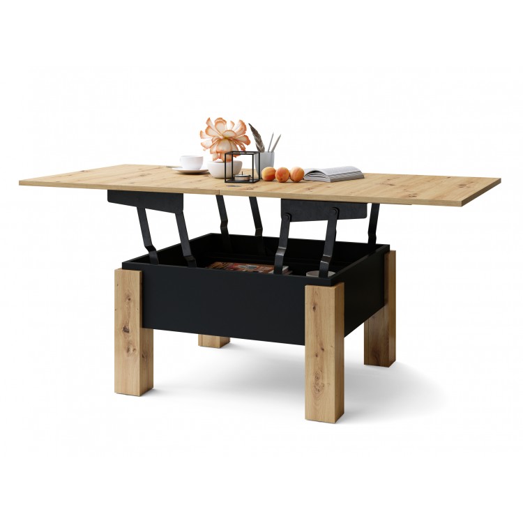 OSLO artisan / zwart mat, uitklapbare salontafel met in hoogte verstelbaar