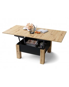 OSLO eiken artisan / zwart mat, uitklapbare salontafel met in hoogte verstelbaar  blad