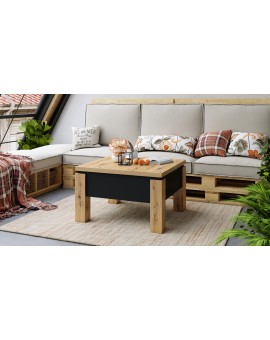 OSLO eiken artisan / zwart mat, uitklapbare salontafel met in hoogte verstelbaar  blad