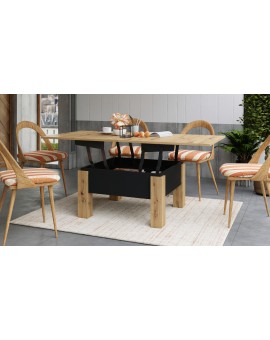 OSLO eiken artisan / zwart mat, uitklapbare salontafel met in hoogte verstelbaar  blad