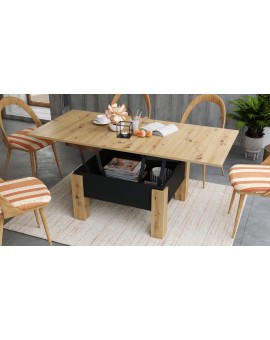 OSLO eiken artisan / zwart mat, uitklapbare salontafel met in hoogte verstelbaar  blad