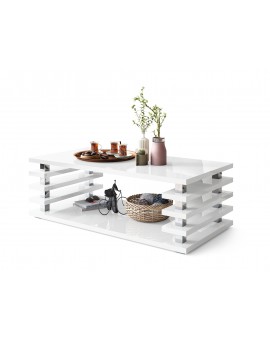 PORTO Wit glans - MODERNE KOFFIETAFEL MET LAMELLEN 2IN1, OP WIELEN/POTEN