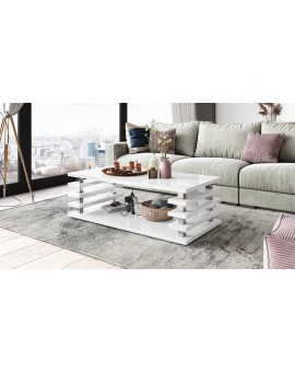 PORTO Wit glans - MODERNE KOFFIETAFEL MET LAMELLEN 2IN1, OP WIELEN/POTEN