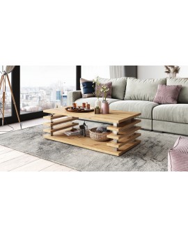 PORTO Eik Artisan - MODERNE KOFFIETAFEL MET LAMELLEN 2IN1, OP WIELEN/POTEN