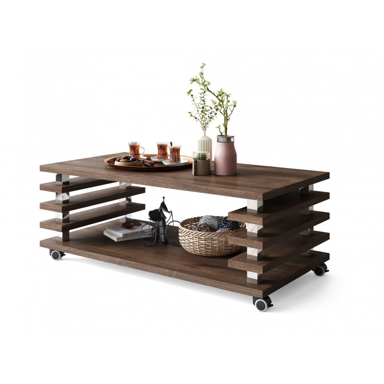 PORTO Eik Bruin - MODERNE KOFFIETAFEL MET LAMELLEN 2IN1, OP WIELEN/POTEN