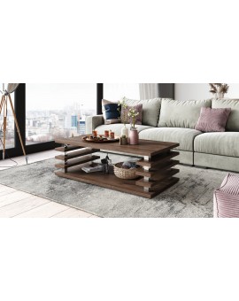 PORTO Eik Bruin - MODERNE KOFFIETAFEL MET LAMELLEN 2IN1, OP WIELEN/POTEN