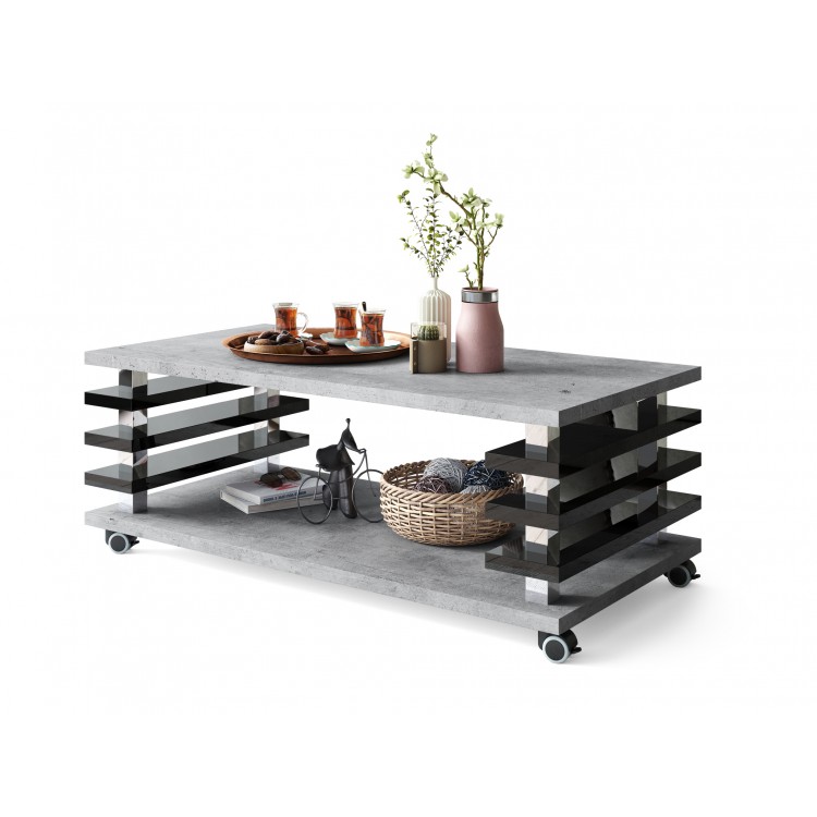 PORTO Millennium Beton/Zwart Glans - MODERNE KOFFIETAFEL MET LAMELLEN 2IN1, OP WIELEN/POTEN PORTO Millennium Beton/Zwart Glans - MODERNE KOFFIETAFEL MET LAMELLEN 2IN1, OP WIELEN/POTEN