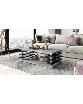 PORTO Millennium Beton/Zwart Glans - MODERNE KOFFIETAFEL MET LAMELLEN 2IN1, OP WIELEN/POTEN