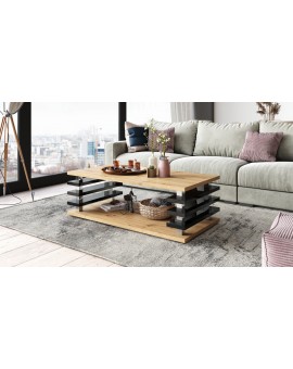 PORTO Eik Artisan/Zwart glans - MODERNE KOFFIETAFEL MET LAMELLEN 2IN1, OP WIELEN/POTEN